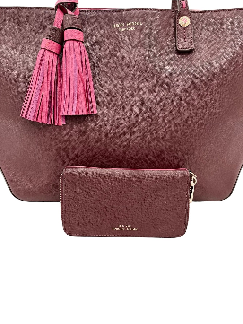 Henri Bendel West 57th Wine/Pink Saffiano Leather Tote & Matching Wallet NWOT - Picture 8 of 14